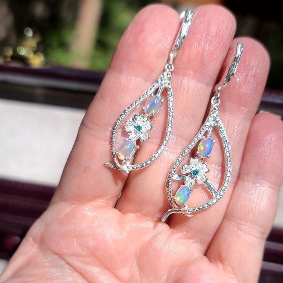 Dark Kharma by Avelon Jewelry - STUNNING Fire Opal & Sapphire Sterling floral earrings